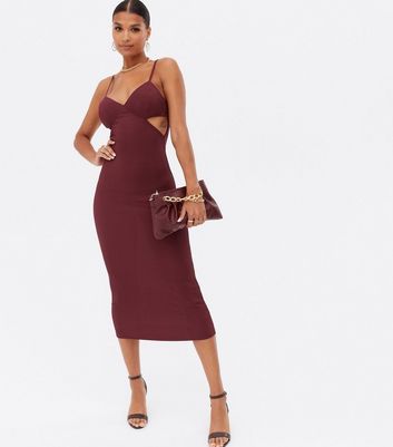 Burgundy Ribbed Bustier Cut Out Midi ...